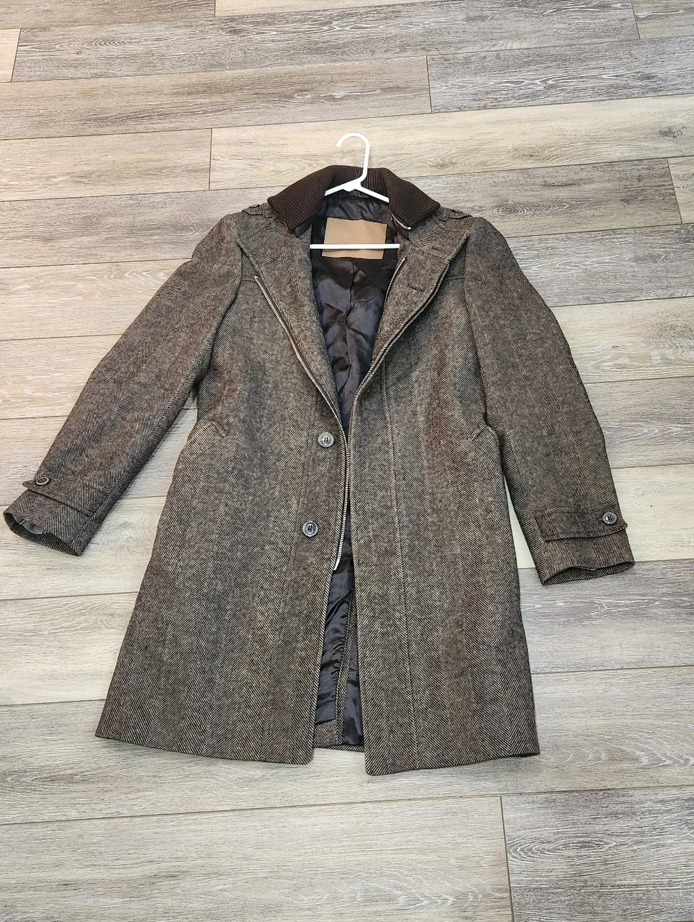 Zara Man  Men's Brown Herringbone Wool-Blend Overcoat Size Small